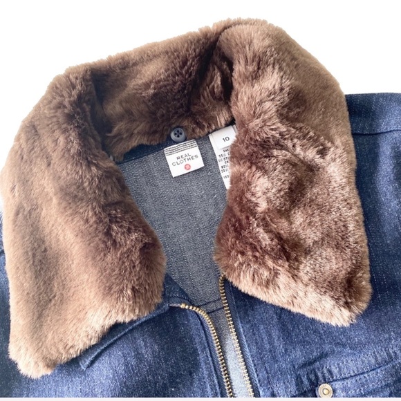 new Saks 5th Ave ༄ Vegan Fur Trim Zip Front Jacket ༄ Dark Indigo Denim ༄ Size 10 - Picture 3 of 10